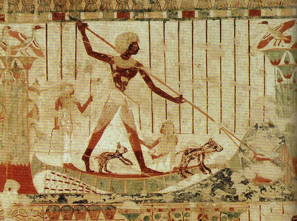 Spear fishing depicted in a wall painting from the tomb of Usheret in Thebes, 18 Dynasty around 1430 BC