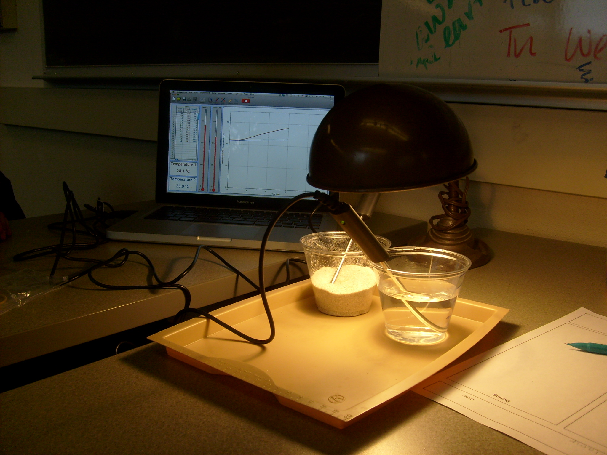 Set up for comparing the way that energy from a lamp warms up sand and water.