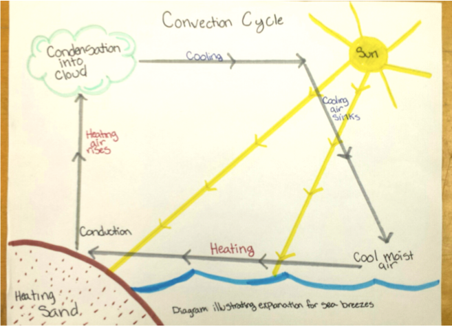 Student’s diagram explaining why clouds and sea breezes often appear in the afternoon after a sunny day at the beach.