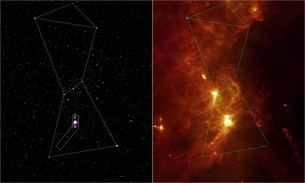 Visible light image (left) and infrared image (right) of the constellation known as Orion, the Hunter.