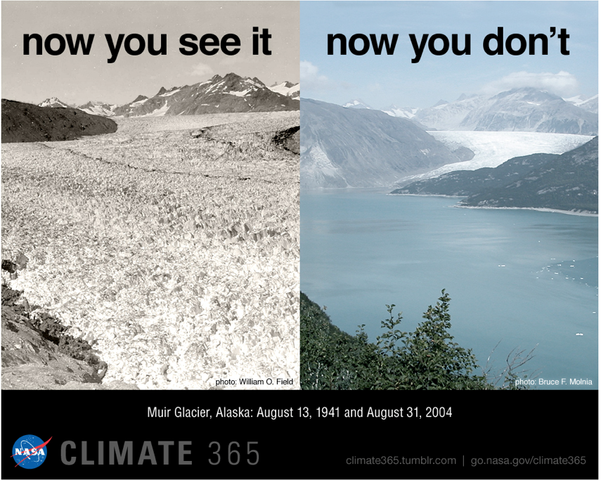 Photographs of Muir Glacier, Alaska, in 1941 and 2004.