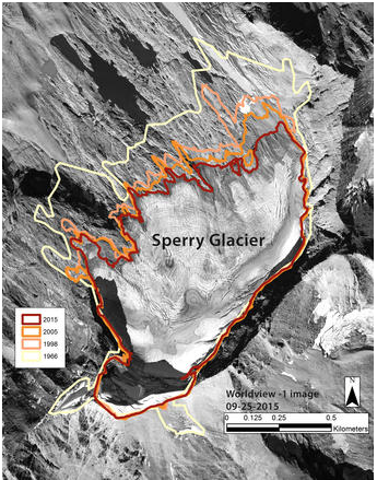 Aerial photograph with outlines showing changes over 50 years in the perimeter of Sperry Glacier in Glacier National Park during late summer in 1966, 1998, 2005, and 2015. US Geological Survey