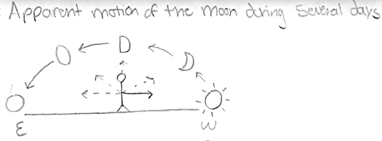 Student sketch of subsequent phases appearing to move west to east during several days when viewed from the same location at the same time such as 6 pm each day.