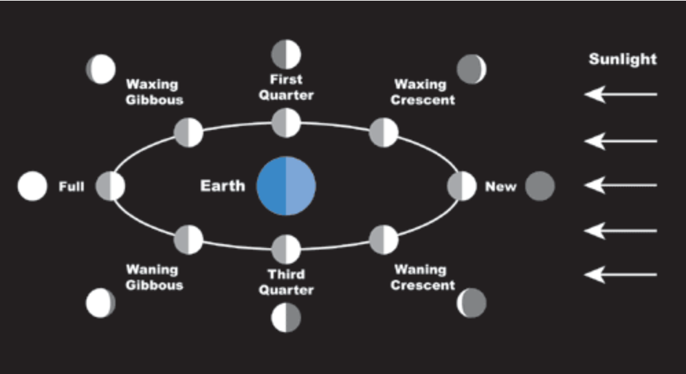 Combined diagram of the Moon’s phases viewed from Earth and from above the solar system.