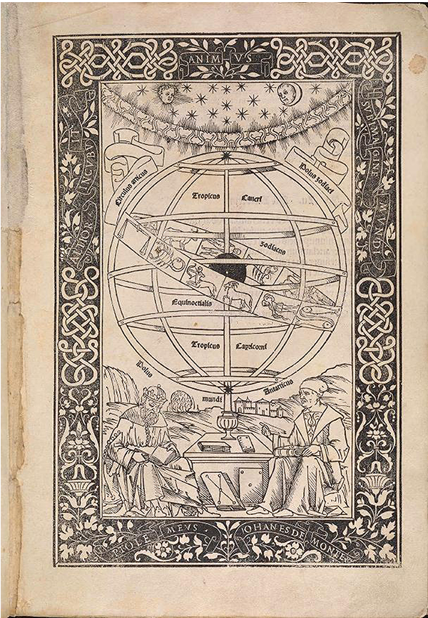 Illustration of the zodiac on a celestial sphere in Epitome of the Almagest, 1496.